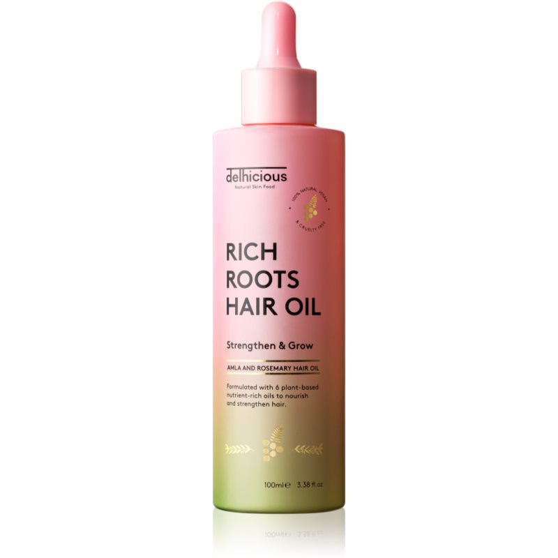 delhicious RICH ROOTS AMLA & ROSEMARY HAIR OIL ulei hidratant si catifelant pentru un scalp uscat, atenueaza senzatia de mancarime 100 ml