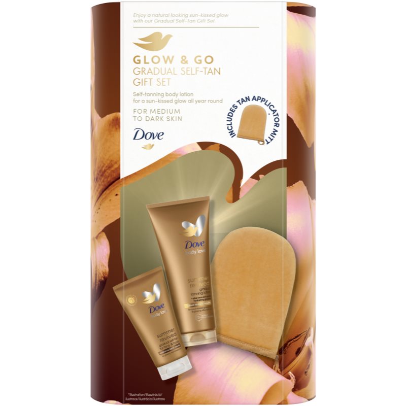 Dove Glow & Go Gradual Self-Tan Gift Set set pentru un bronz perfect pentru femei Dove Glow & Go Gradual Self-Tan Gift Set set pentru un bronz perfect pentru femei
