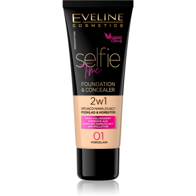 Eveline Cosmetics Selfie Time make-up si corector 2 in 1 culoare 01 Porcelain 30 ml