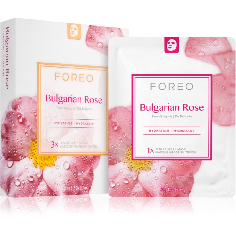 FOREO Farm to Face Sheet Mask Bulgarian Rose mască textilă hidratantă 3x20 ml