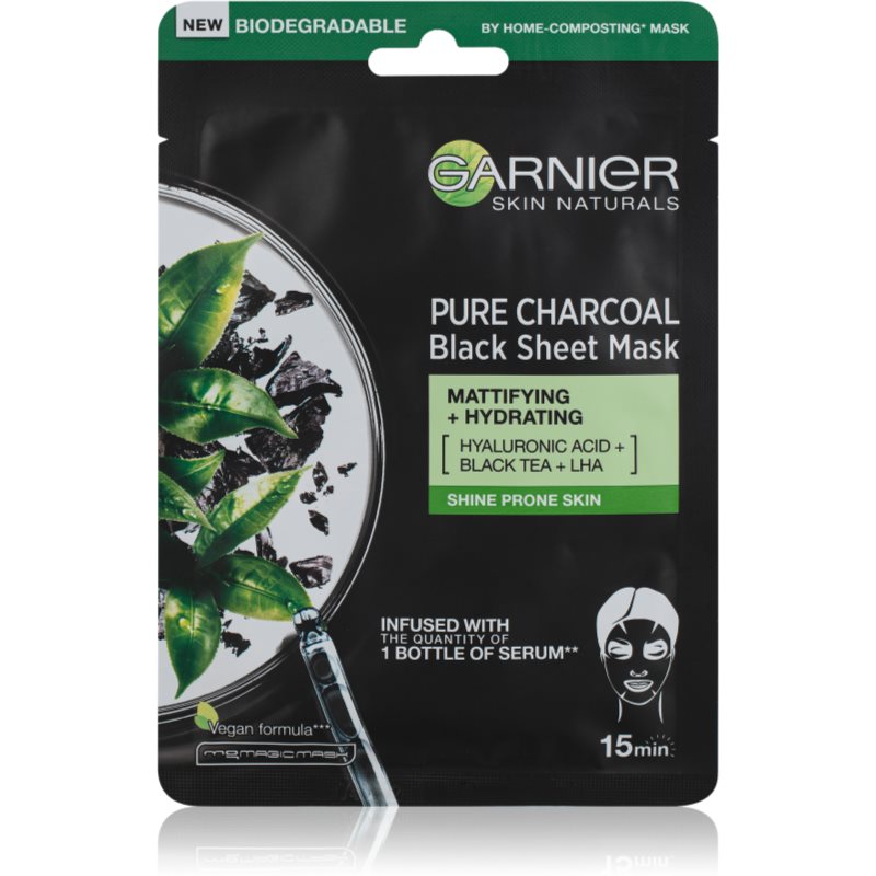 Garnier Skin Naturals Pure Charcoal mască textilă neagră, cu extract din ceai negru 28 g
