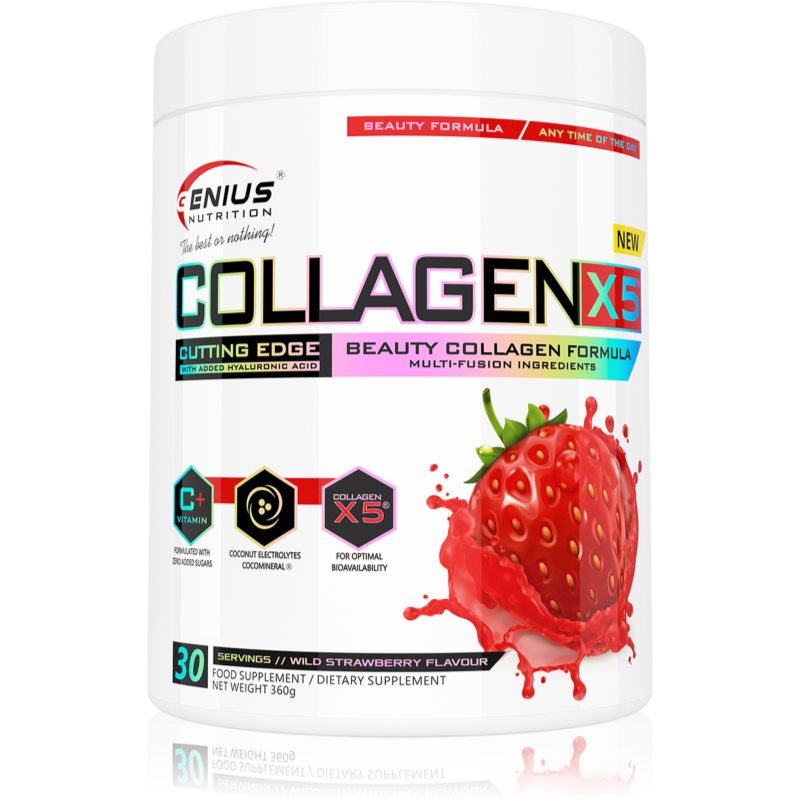 Genius Nutrition Collagen-X5® pulbere pentru tonifierea pielii și frumusețea părului și a unghiilor aroma Strawberry 360 g