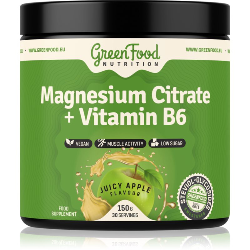 GreenFood Nutrition Magnesium Citrate + Vitamin B6 pulbere pentru susținerea funcționării normale a sistemului nervos, a mușchilor, a dinților și pentru reducerea nivelului de oboseală aroma Juicy Apple 150 g