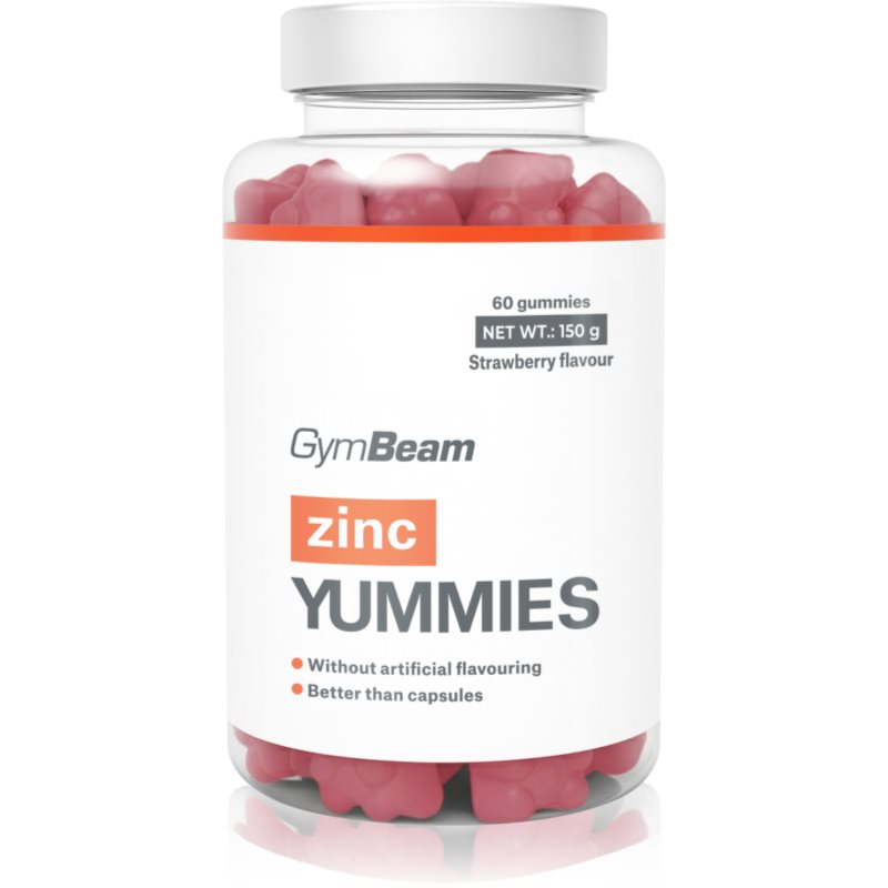GymBeam Zinc Yummies bomboane tip jeleu pentru susținerea sistemului imunitar, a frumuseții părului și a tenului și pentru sănătatea dinților aroma Strawberry 150 g
