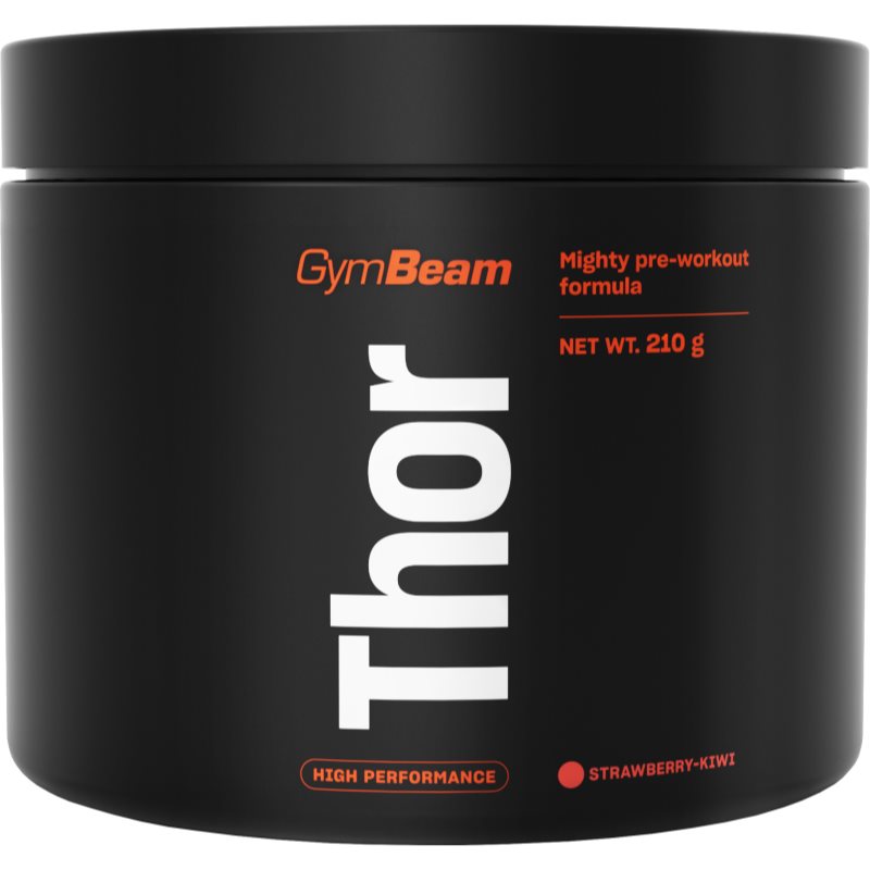 GymBeam Thor Pre-Workout favorizează performanțele sportive cu cafeina aroma Strawberry & Kiwi 210 g