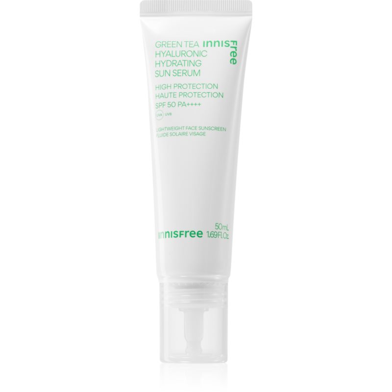 innisfree Green Tea Hyaluronic Sun Serum crema fluida hidratanta cu efect calmant SPF 50+ 50 ml
