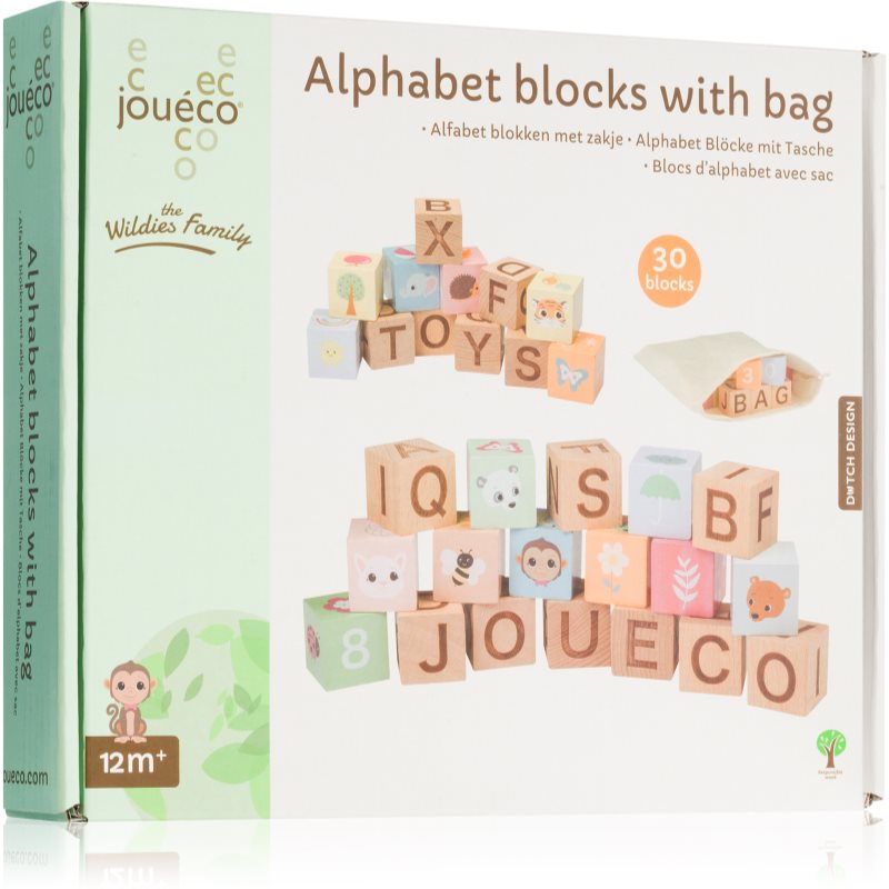 Jouéco The Wildies Family Alphabet Blocks with Bag cuburi din lemn 12 m+ 30 buc