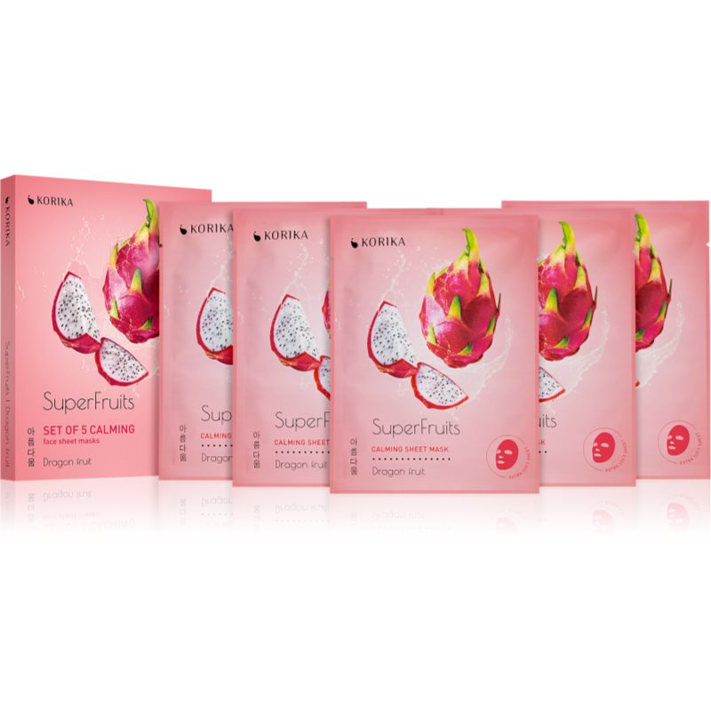 KORIKA SuperFruits Dragon Fruit - Set of 5 Calming Face Sheet Masks set de măști de față la un preț mai avantajos cu efect calmant Dragon fruit