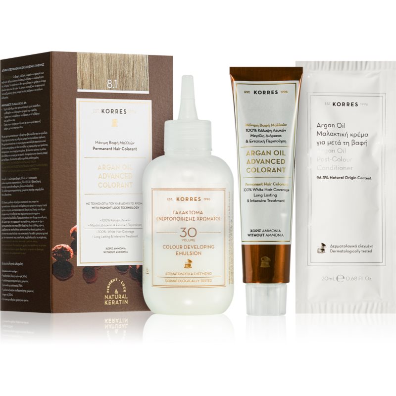 Korres Argan Oil Culoare permanenta pentru par cu ulei de argan culoare 8.1 Ash Light Blonde 50 ml