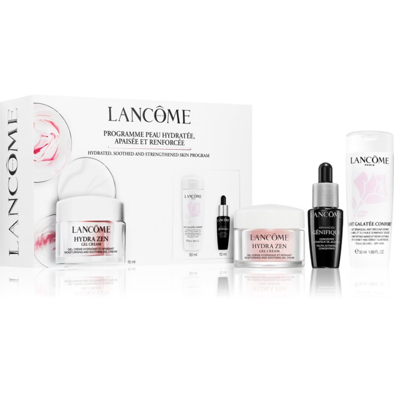 Lancôme Hydra Zen Lancôme Hydra Zen 2024 hydratačný gél krém na upokojenie pleti 15 ml + Lancôme Génifique omladzujúce sérum 10 ml + Lancôme Galatée Confort upokojujúce odličovacie mlieko s mandľovým olejom 50 ml