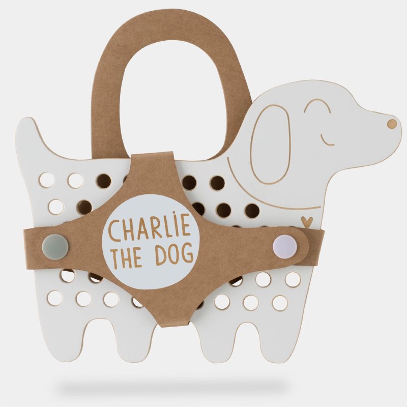 Milin Big Wooden Lacing Toy Dog Charlie jucărie cu activități 15 cm x 20 cm x 0,7 cm 1 buc