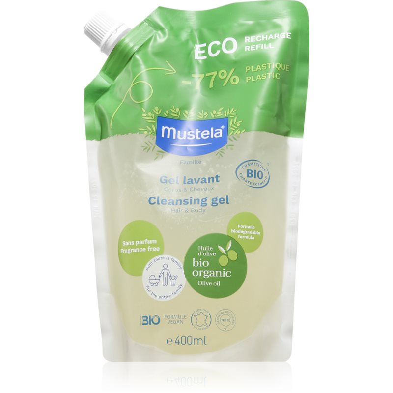 Mustela BIO gel de duș pentru corp și păr pentru nou-nascuti si copii Refil 400 ml