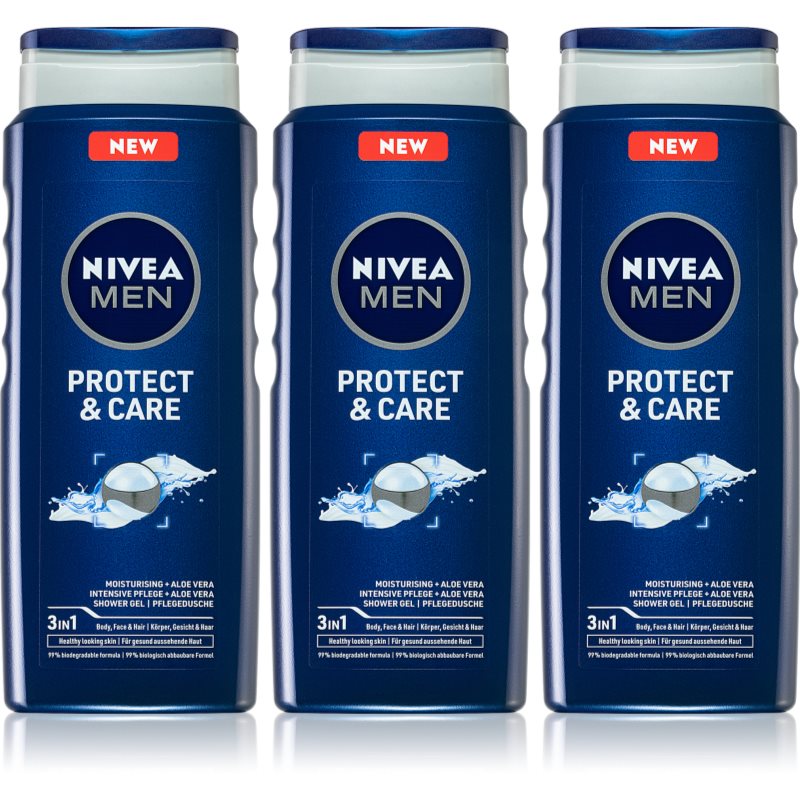 NIVEA MEN Protect & Care Gel de duș pentru bărbați ambalaj economic 3 x 500 ml