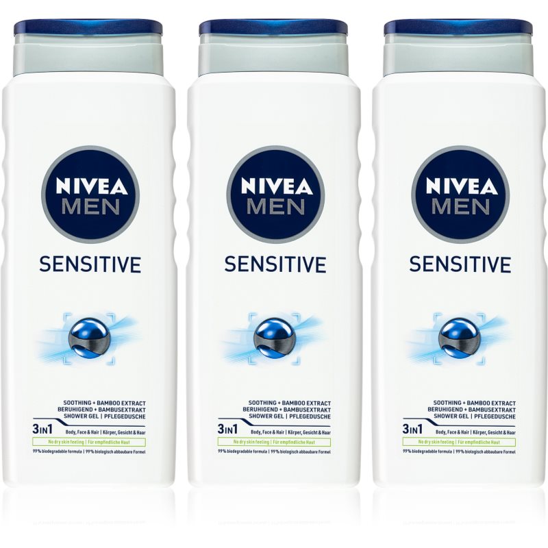 NIVEA MEN Sensitive Gel de duș pentru bărbați ambalaj economic 3 x 500 ml