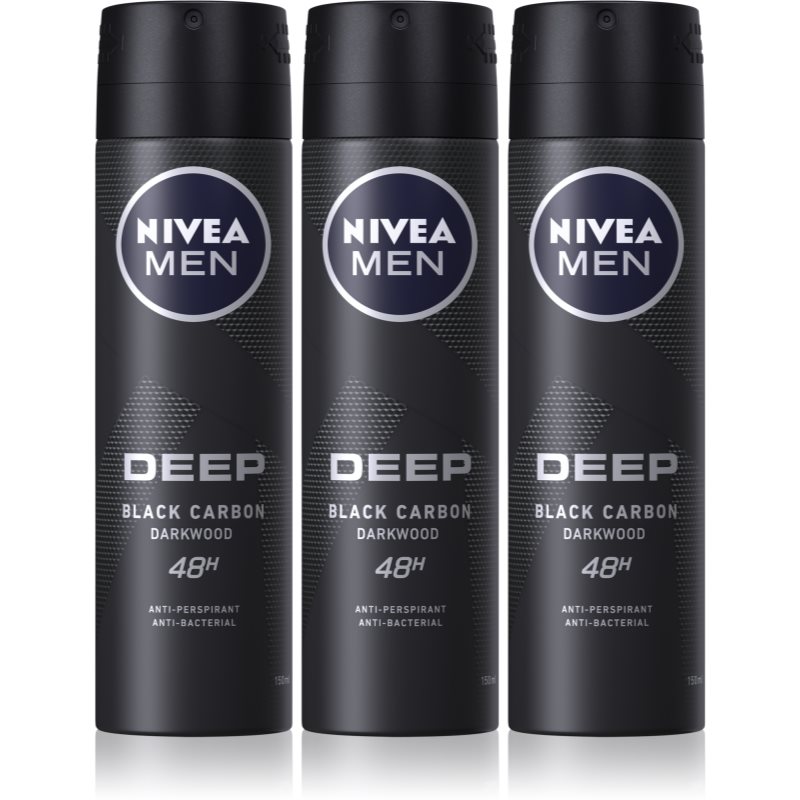 NIVEA MEN Deep Black Carbon Darkwood spray anti-perspirant ambalaj economic pentru bărbați 3 x 150 ml