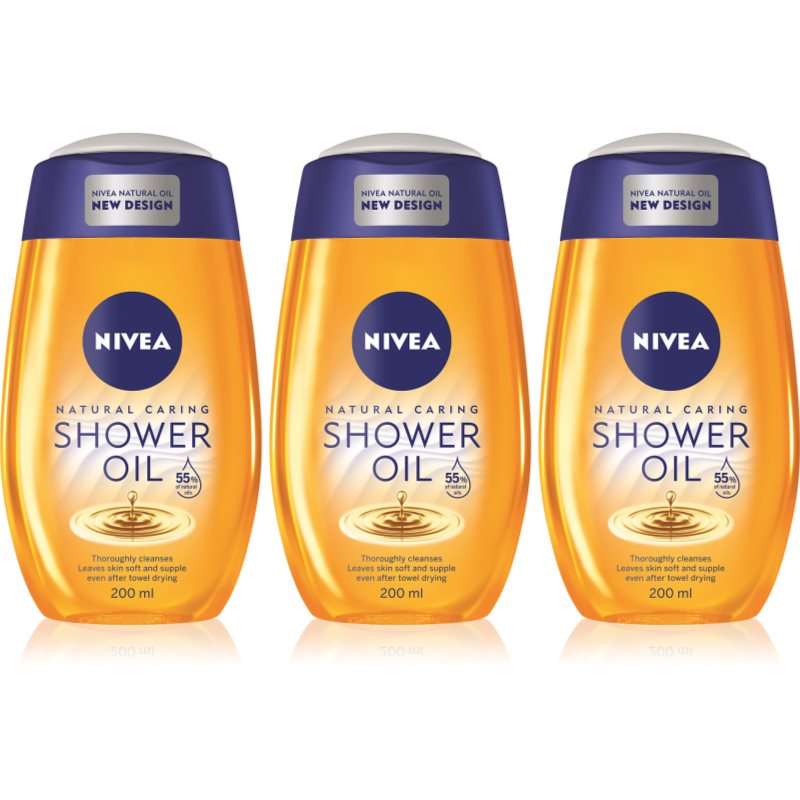 NIVEA Natural Caring ulei de dus 3 x 200 ml(pentru piele uscata)