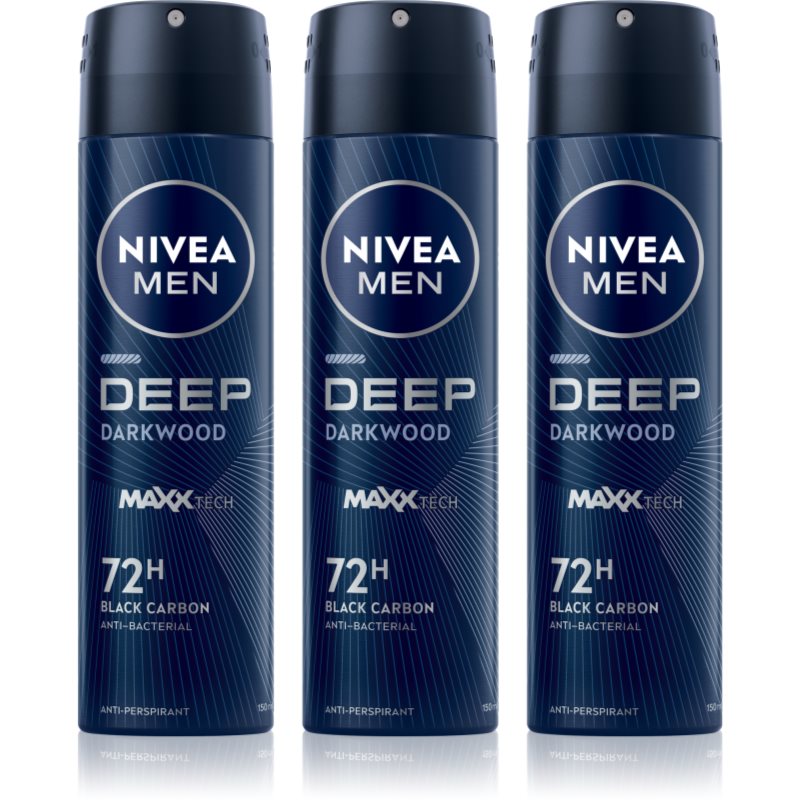 NIVEA MEN Deep Black Carbon Darkwood spray anti-perspirant ambalaj economic pentru bărbați 3 x 150 ml