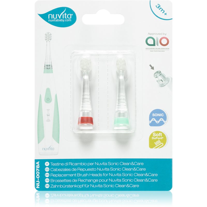 Nuvita Sonic Clean&Care Replacement Brush Heads Capete de schimb pentru baterie sonic periuta de dinti pentru bebeluși Sonic Clean&Care Small Red/Green 3 m+ 2 buc