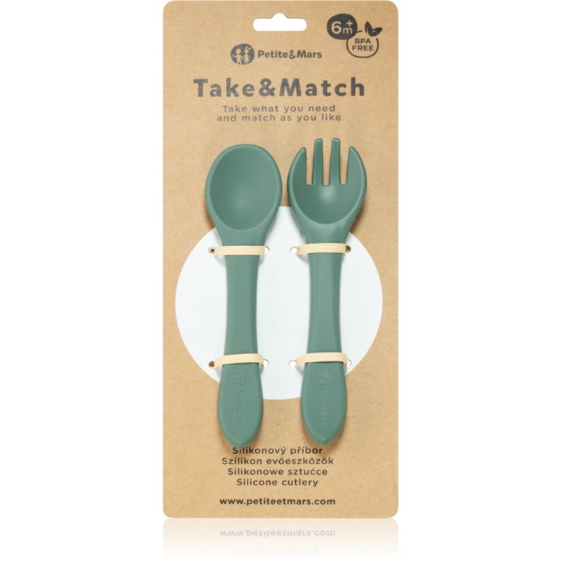 Petite&Mars Take&Match Silicone Cutlery tacâmuri Misty Green 6 m+ 2 buc