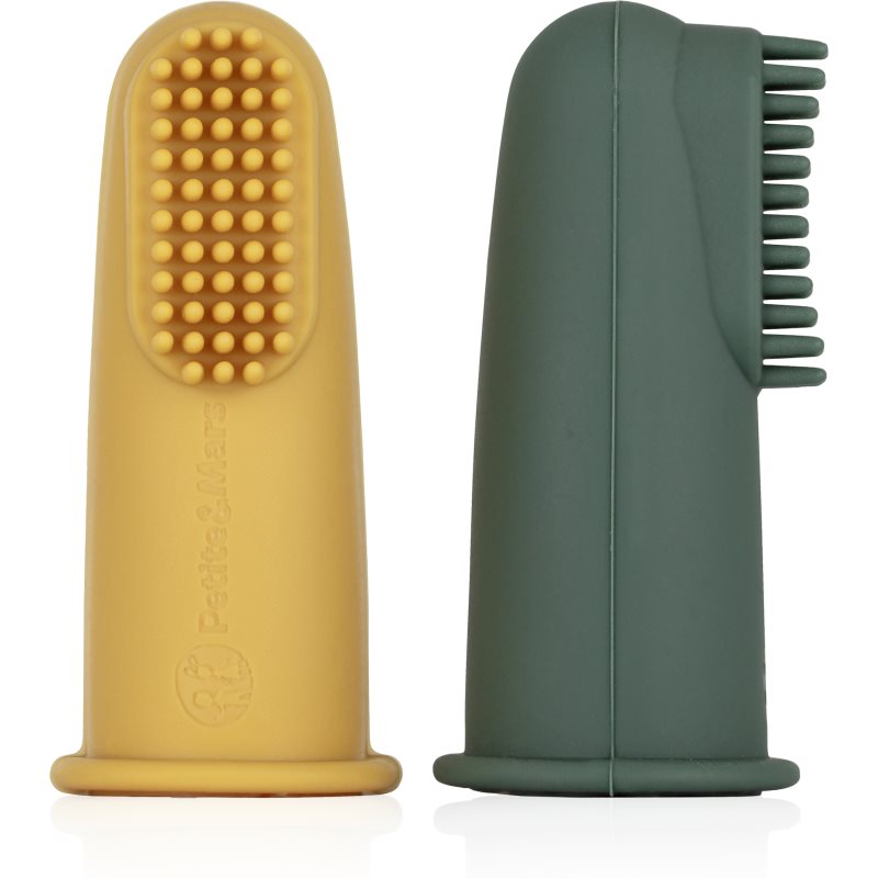 Petite&Mars Take&Match 0m+ periuta de dinti pentru deget pentru copii cu sac Ochre&Green 2 buc