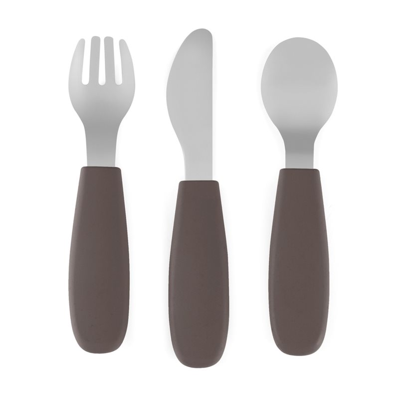 Petite&Mars Take&Match Stainless Steel Cutlery Set tacâmuri pentru copii Bitter Cocoa 12m+ 3 buc