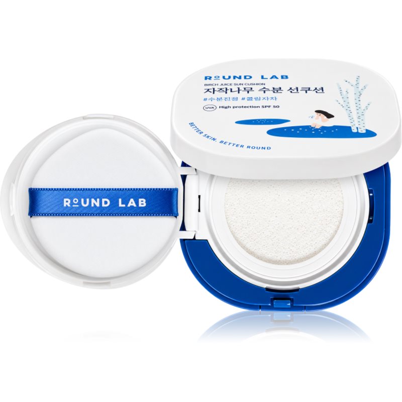 ROUND LAB Birch Juice Moisturizing Sun Cushion crema de soare pentru fata pentru hidratare intensa SPF 50+ 15 g