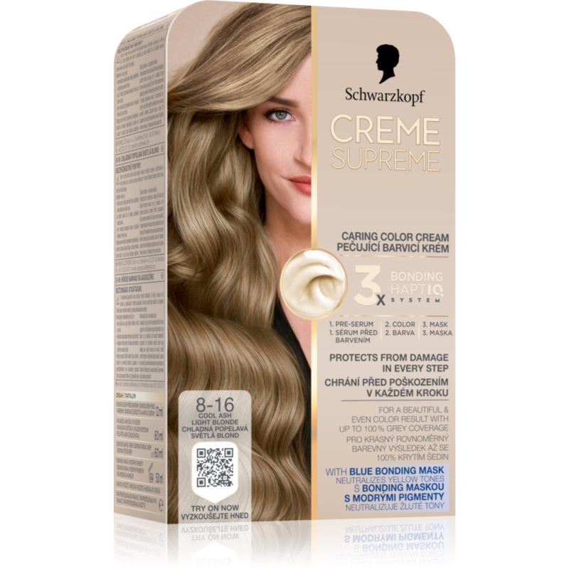 Schwarzkopf Creme Supreme Culoare permanenta pentru par cu subton rece culoare 8-16 Cool Ash Light Blonde 60 ml