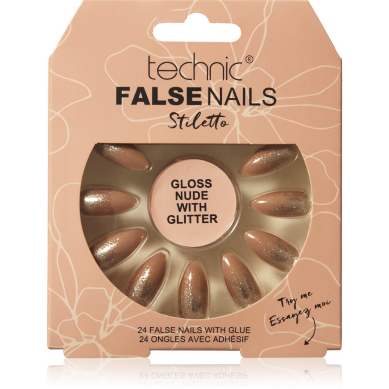 Technic Cosmetics False Nails Stiletto unghii artificiale Gloss Nude with Glitter 24 buc