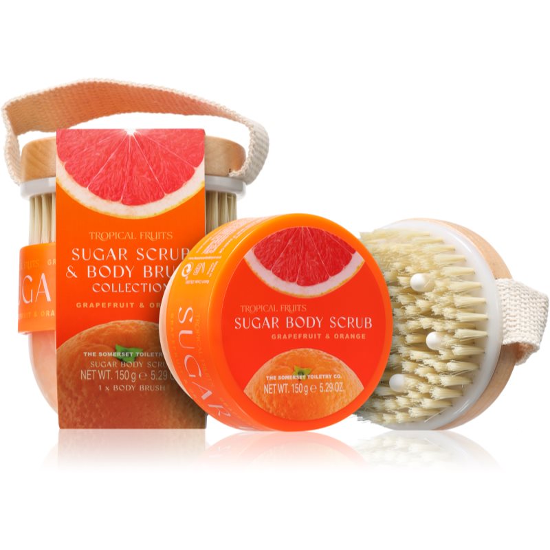 The Somerset Toiletry Co. Tropical Fruits Grapefruit & Orange exfoliant de corp cu zahăr + perie de par 150 g The Somerset Toiletry Co. Tropical Fruits Grapefruit & Orange exfoliant de corp cu zahăr + perie de par 150 g