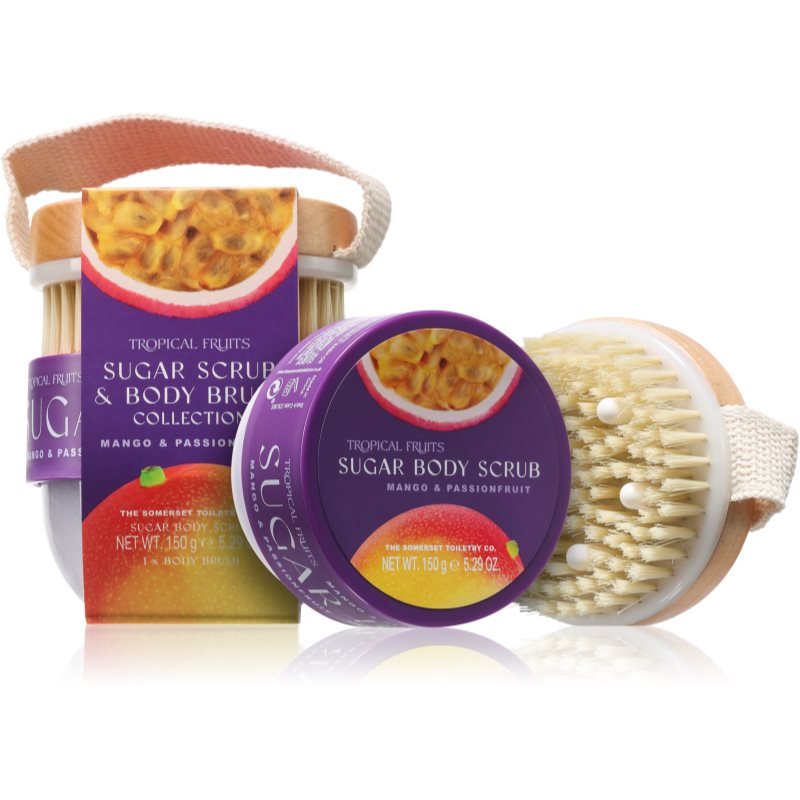 The Somerset Toiletry Co. Tropical Fruits Mango & Passionfruit exfoliant de corp cu zahăr + perie de par 150 g The Somerset Toiletry Co. Tropical Fruits Mango & Passionfruit exfoliant de corp cu zahăr + perie de par 150 g