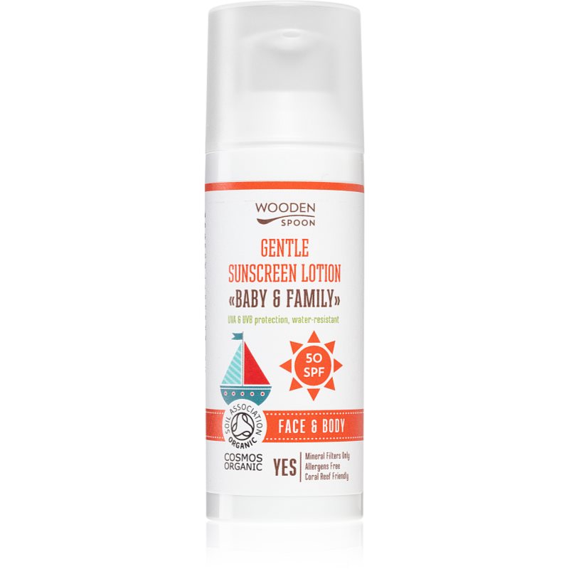 WoodenSpoon Baby &amp; Family loțiune cu protecție solară pentru toată familia SPF 50 50 ml