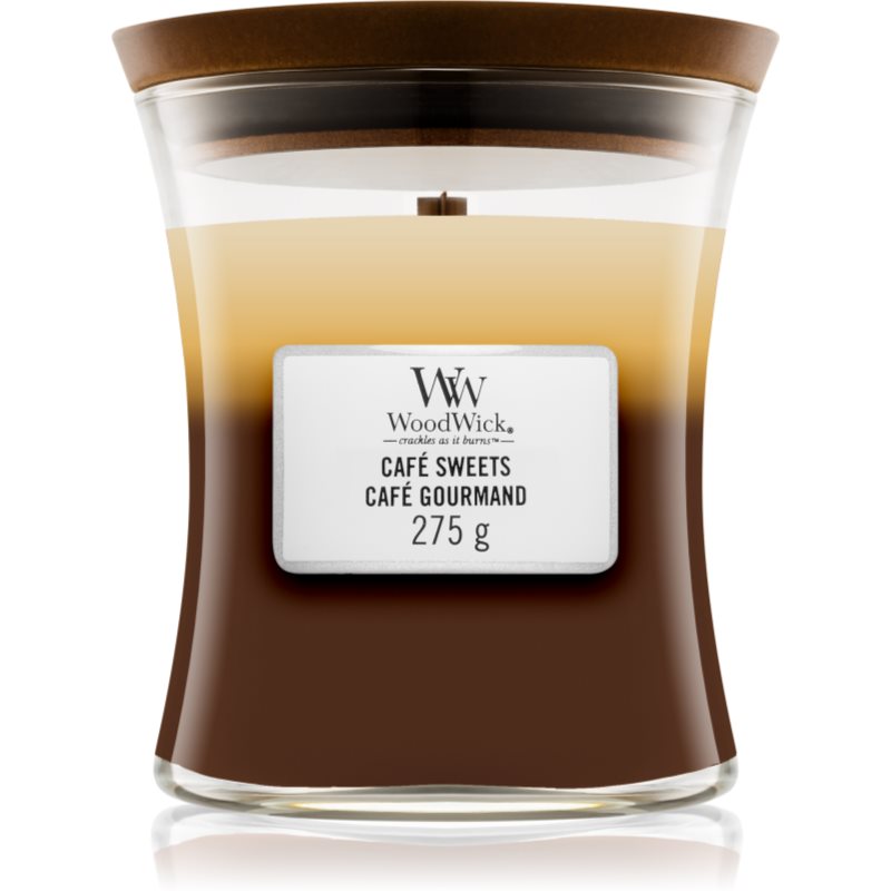 Woodwick Trilogy Café Sweets lumânare parfumată cu fitil din lemn 275 g