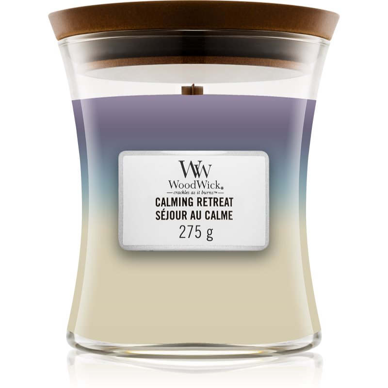 Woodwick Trilogy Calming Retreat lumânare parfumată cu fitil din lemn 275 g