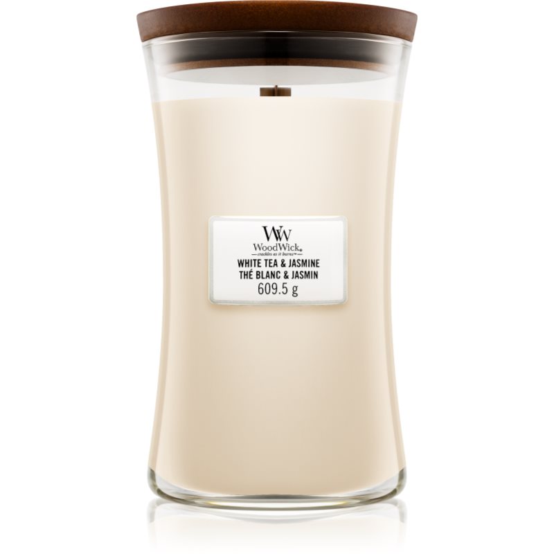 Woodwick White Tea & Jasmine lumânare parfumată cu fitil din lemn 609.5 g