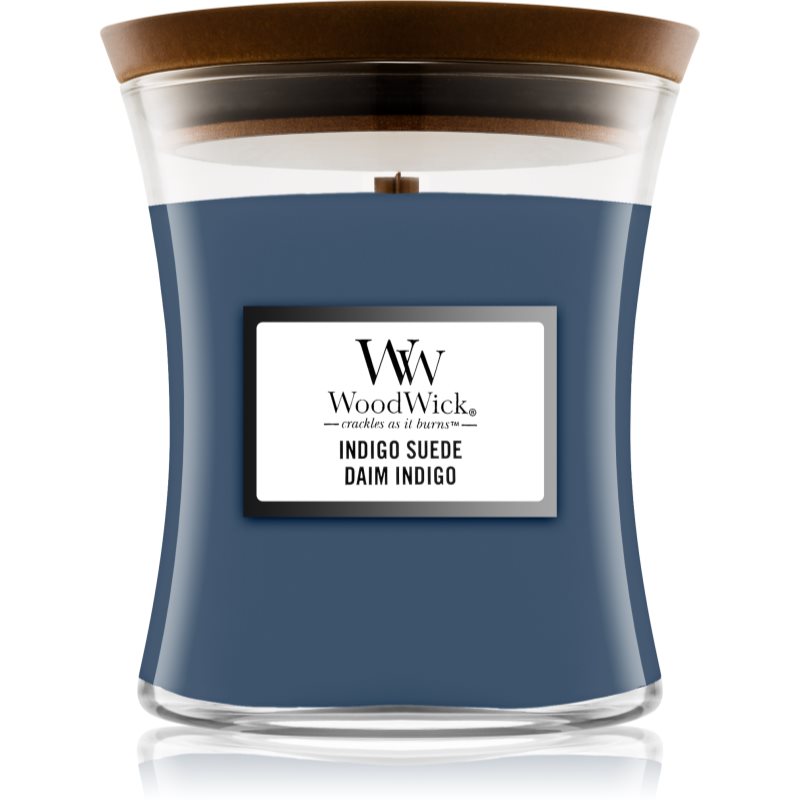 Woodwick Indigo Suede lumânare parfumată cu fitil din lemn 275 g