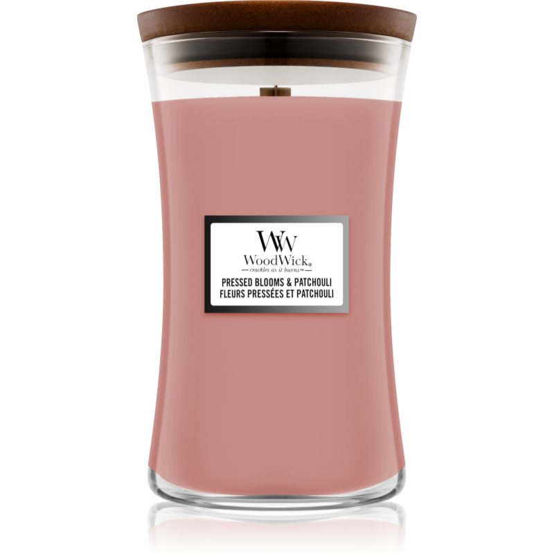 Woodwick Pressed Blooms & Patchouli lumânare parfumată cu fitil din lemn 609.5 g