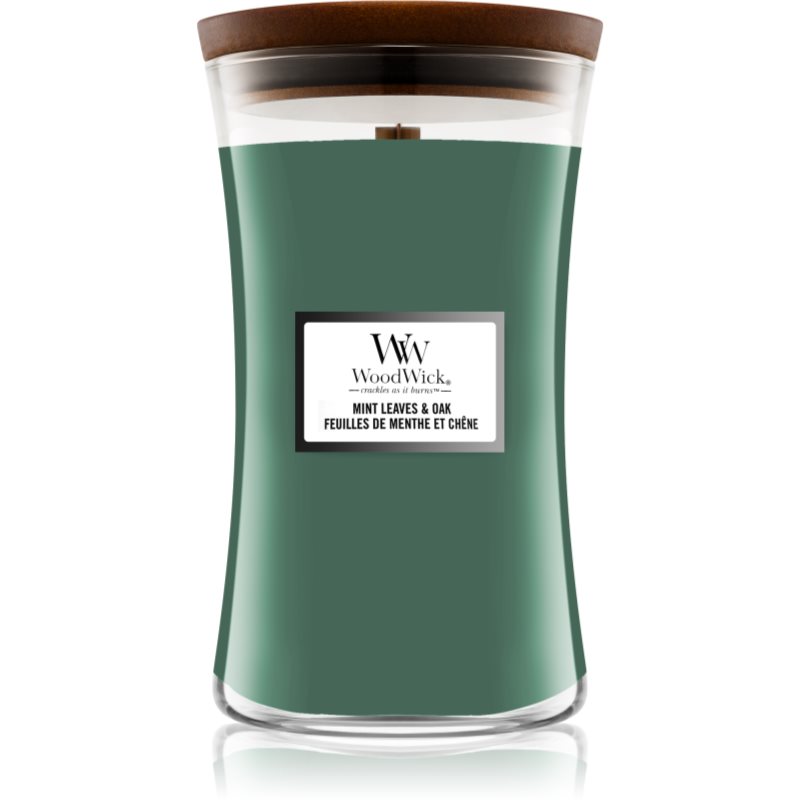 Woodwick Mint Leaves & Oak lumânare parfumată cu fitil din lemn 609,5 g