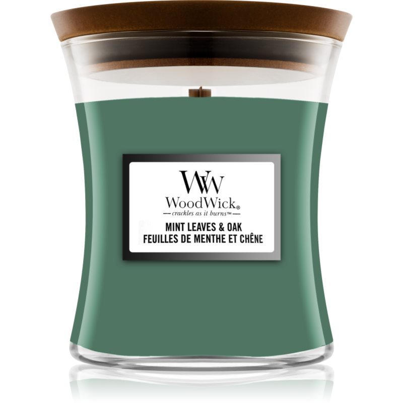 Woodwick Mint Leaves & Oak lumânare parfumată cu fitil din lemn 275 g