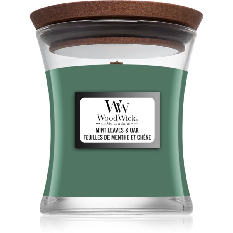 Woodwick Mint Leaves & Oak lumânare parfumată cu fitil din lemn 85 g