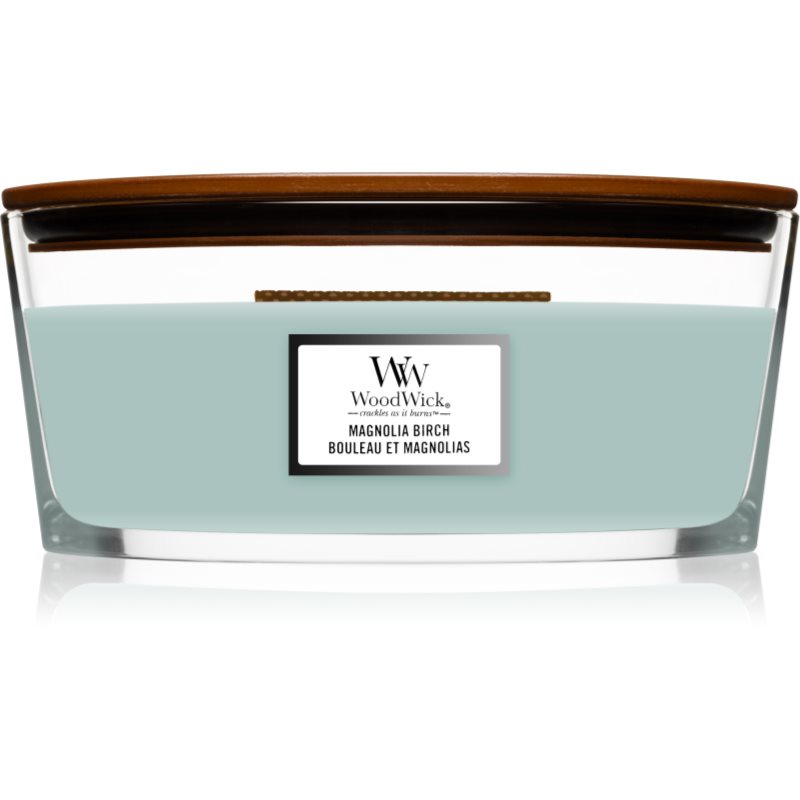 Woodwick Magnolia Birch lumânare parfumată cu fitil din lemn (hearthwick) 453,6 g