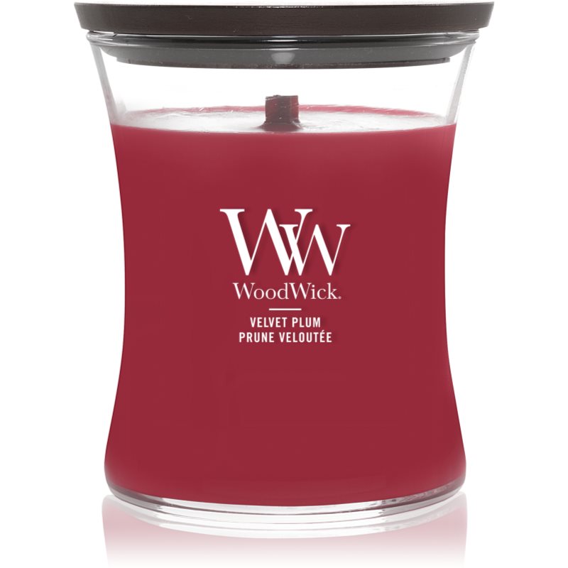 Woodwick Velvet Plum lumânare parfumată cu fitil din lemn 275 g