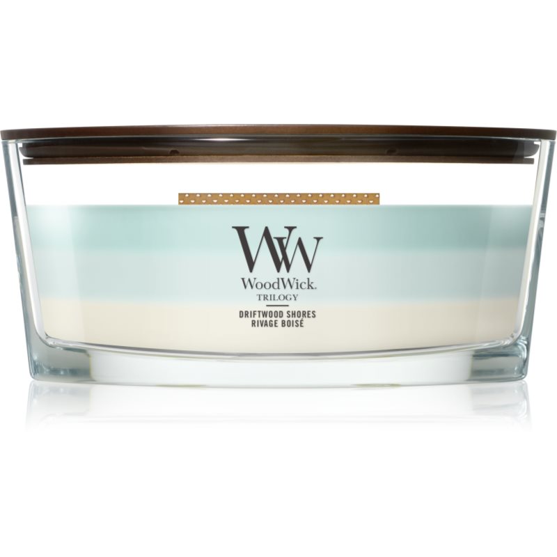 Woodwick Trilogy Driftwood Shores lumânare parfumată cu fitil din lemn 453.6 g