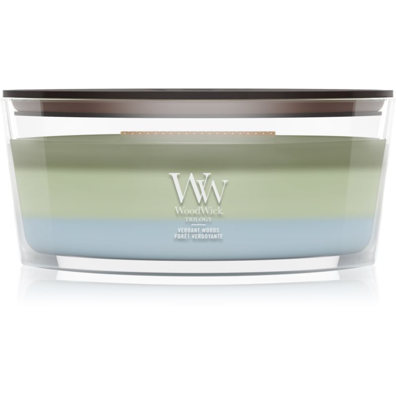 Woodwick Trilogy Verdant Woods lumânare parfumată cu fitil din lemn 453.6 g