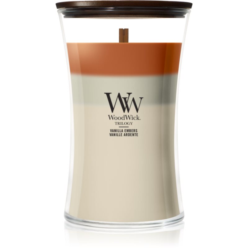 Woodwick Trilogy Vanilla Embers lumânare parfumată cu fitil din lemn 610 g