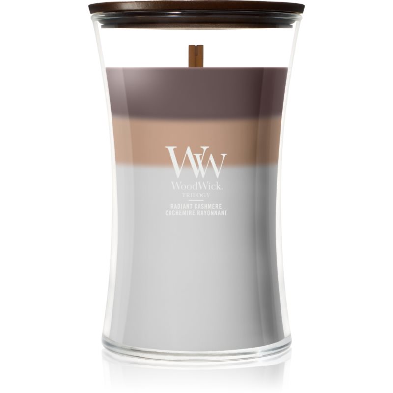 Woodwick Trilogy Radiant Cashmere lumânare parfumată cu fitil din lemn 610 g