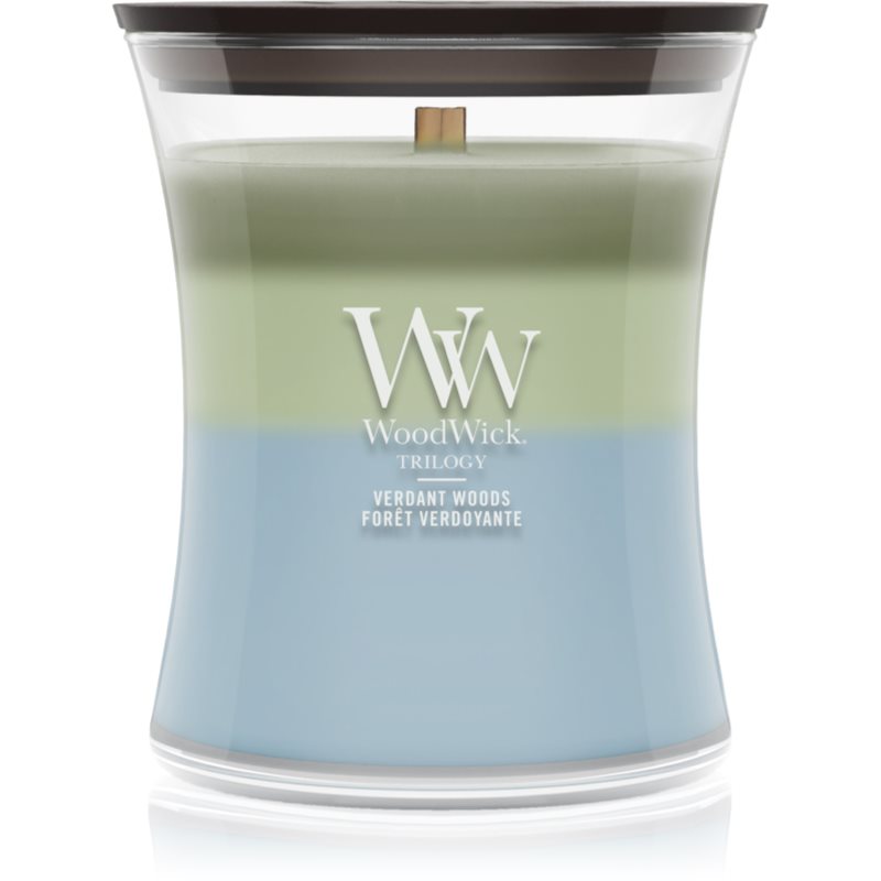 Woodwick Trilogy Verdant Woods lumânare parfumată cu fitil din lemn 275 g
