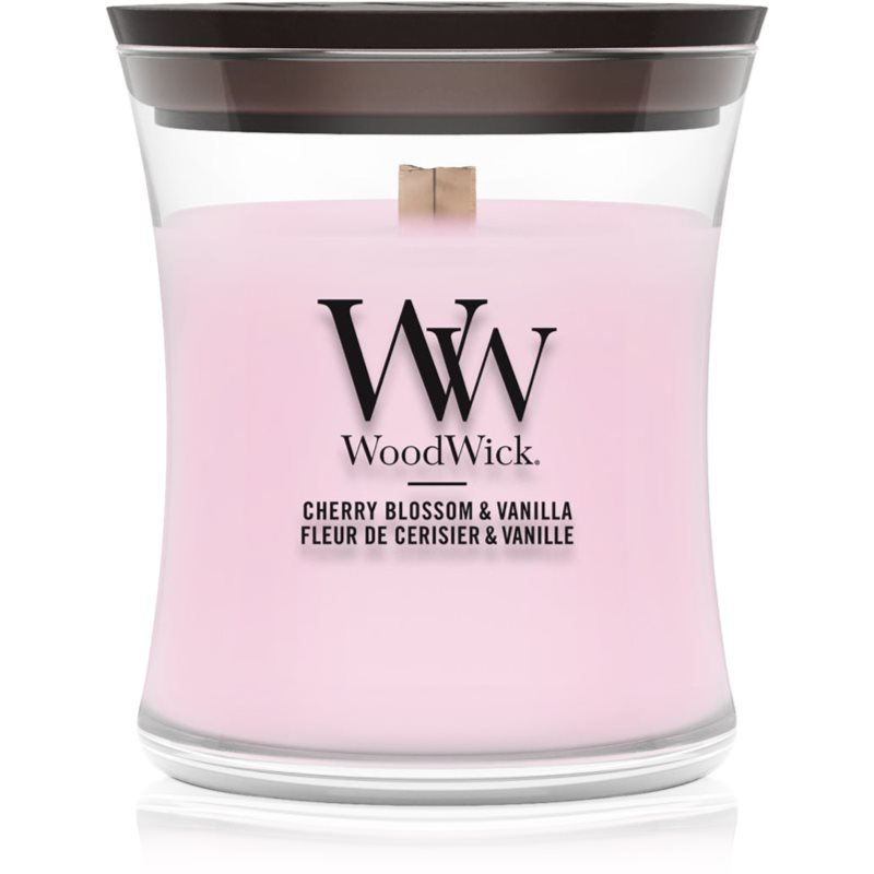 Woodwick Cherry Blossom & Vanilla lumânare parfumată cu fitil din lemn 85 g