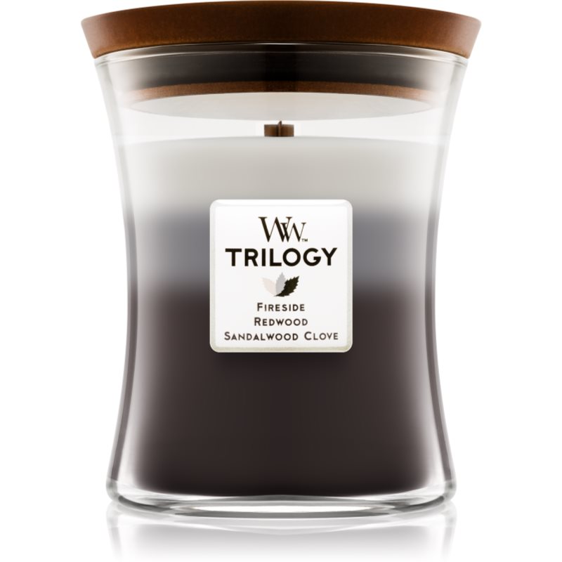 Woodwick Trilogy Warm Woods lumânare parfumată cu fitil din lemn 275 g