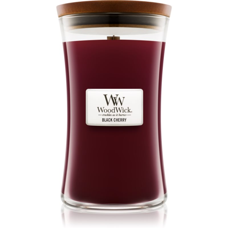 Woodwick Black Cherry lumânare parfumată cu fitil din lemn 609.5 g