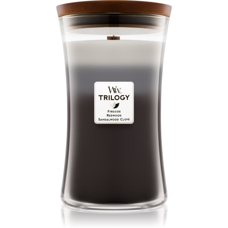 Woodwick Trilogy Warm Woods lumânare parfumată cu fitil din lemn 609,5 g